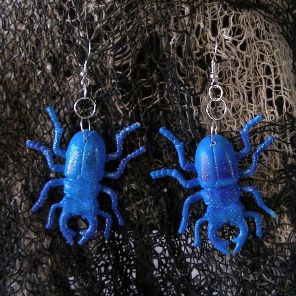 Beetles Blue Glitter Handcrafted Insect Earrings Entomology Goth Halloween